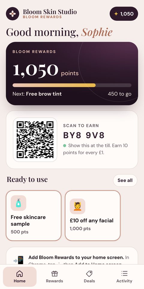 Customer app showing 1,050 points and rewards ready to use